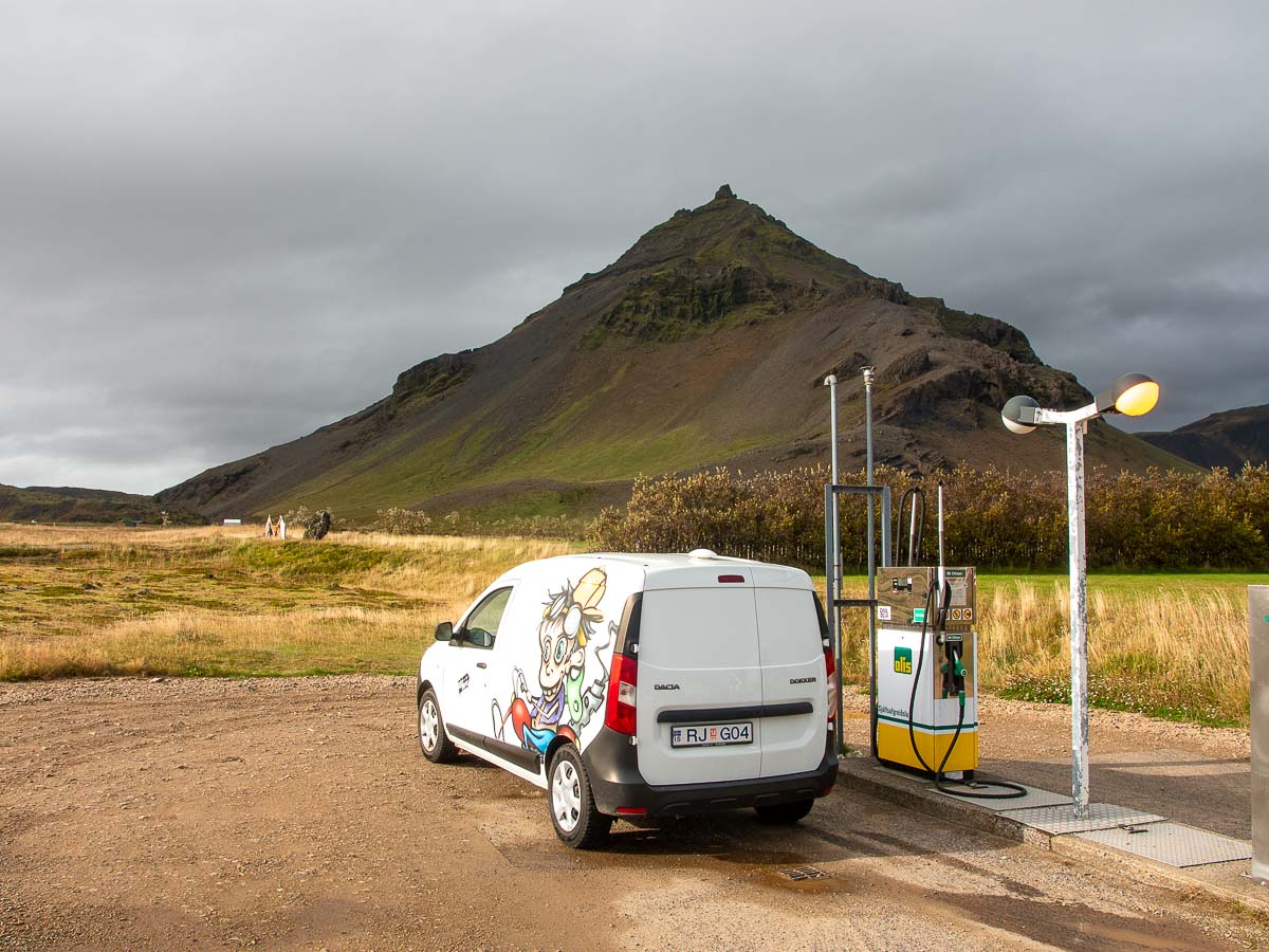 Iceland campervan at a gas station.