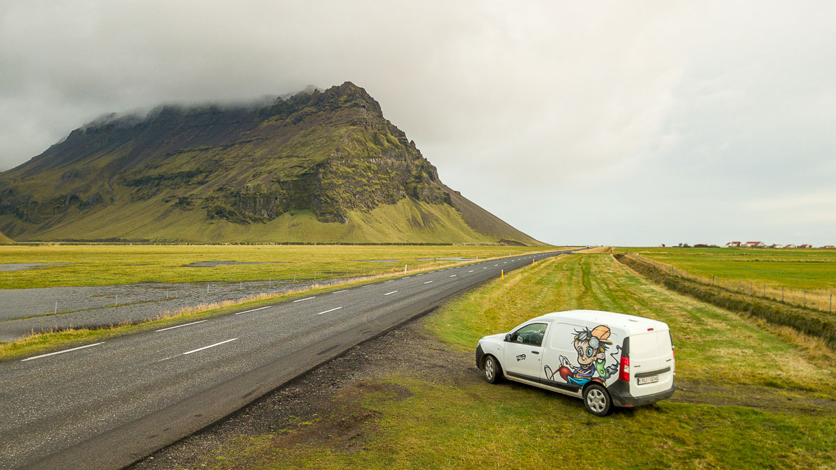 Iceland van on road from above.