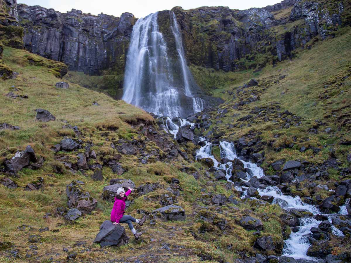 Snaefellsnes Peninsula Bjarnarfoss with Nina in pink jacket.