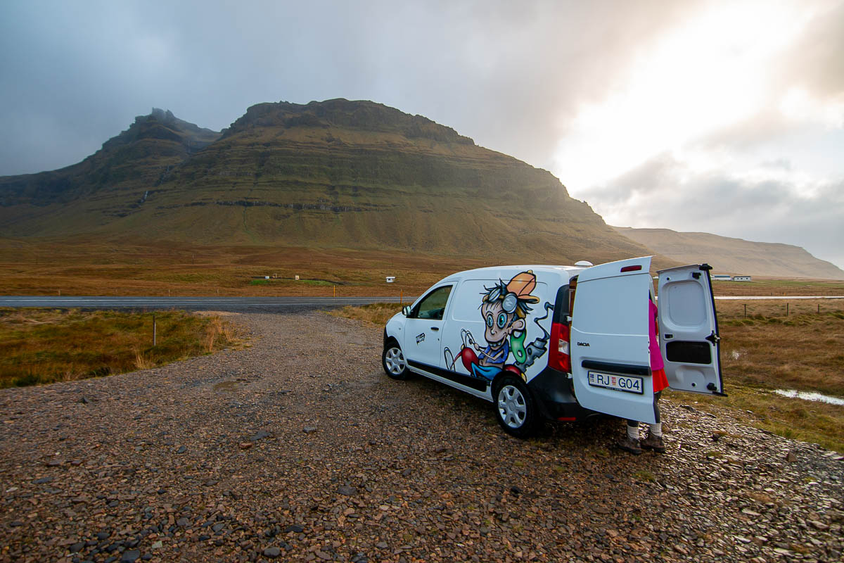 Snaefellsnes Peninsula Kirkjufell campervan sunset