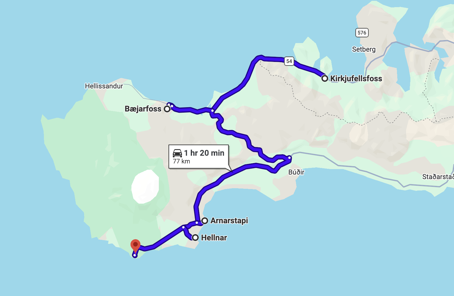 Snaefellsnes Peninsula one day map.