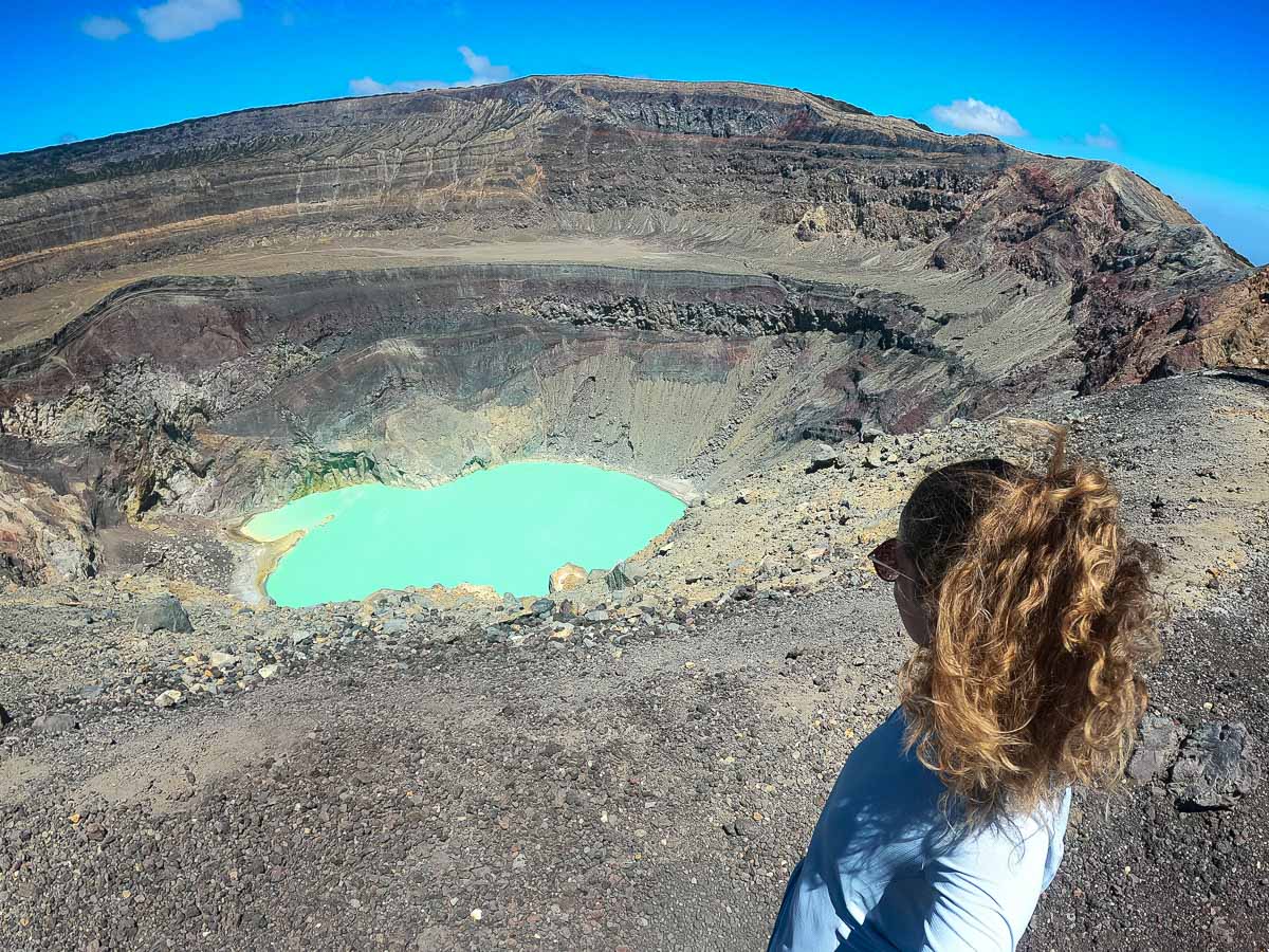 Santa Ana volcano hike with Nina looking at lake.