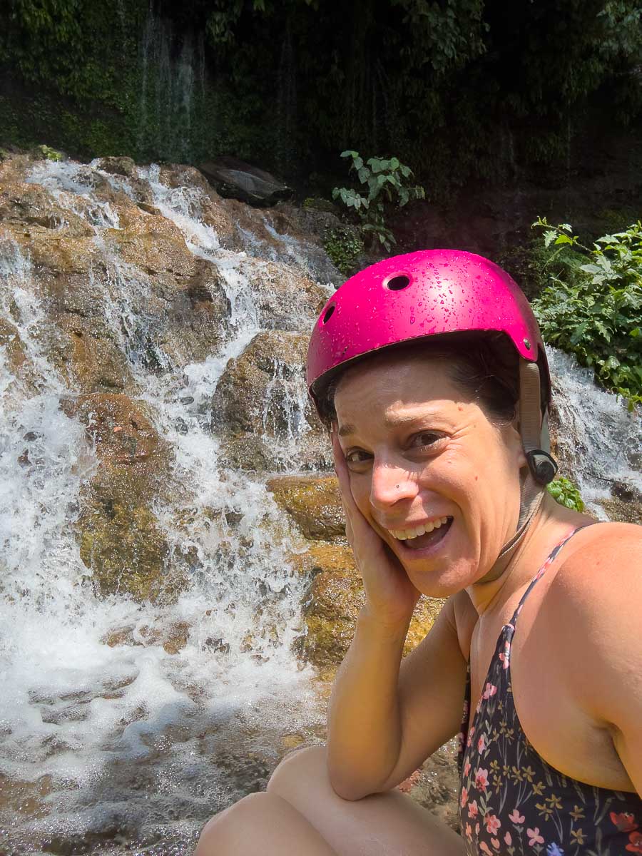 7 waterfalls hike nina with helmet.