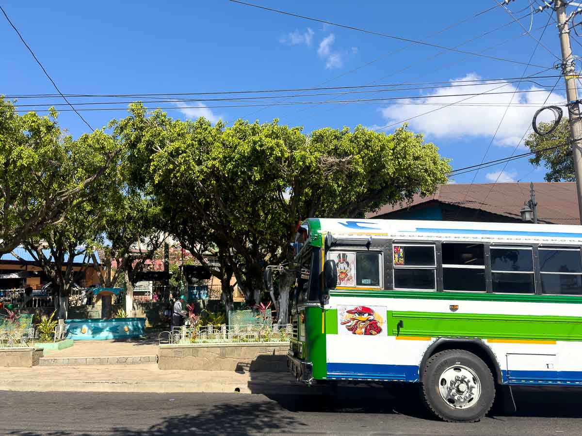 juayua bus station with tail end of bus in shot.