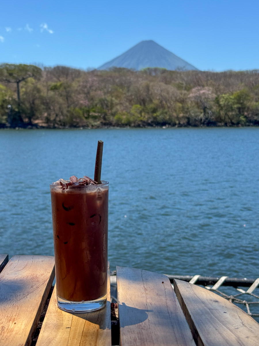 Cacao drink topped with shaved chocolate at El Pital, Ometepe