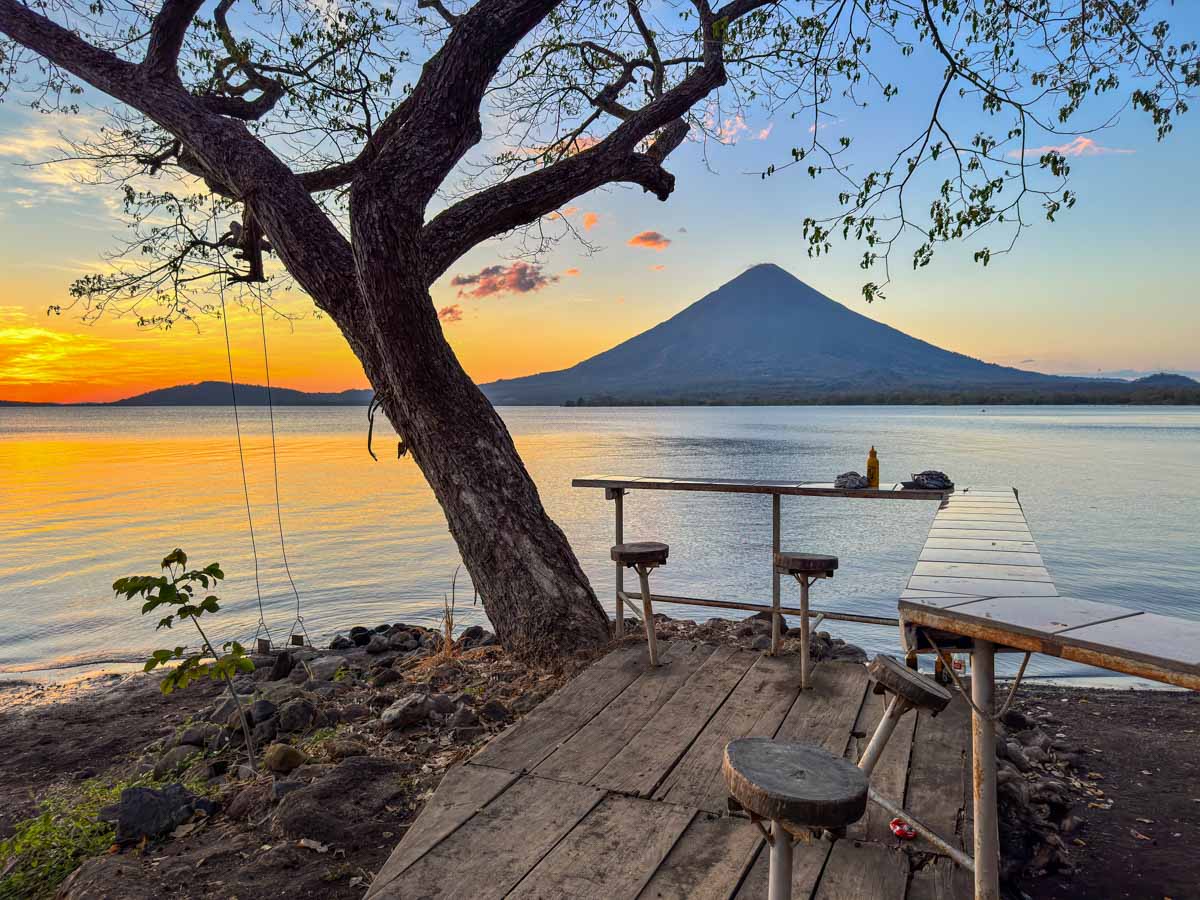 Concepción Volcano at sunset from a beach in Mérida, Ometepe
