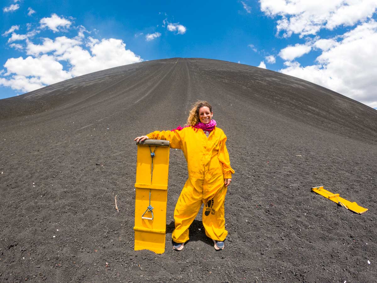 Cerro Negro volcanoe boarding, Nina standing at the bottom.