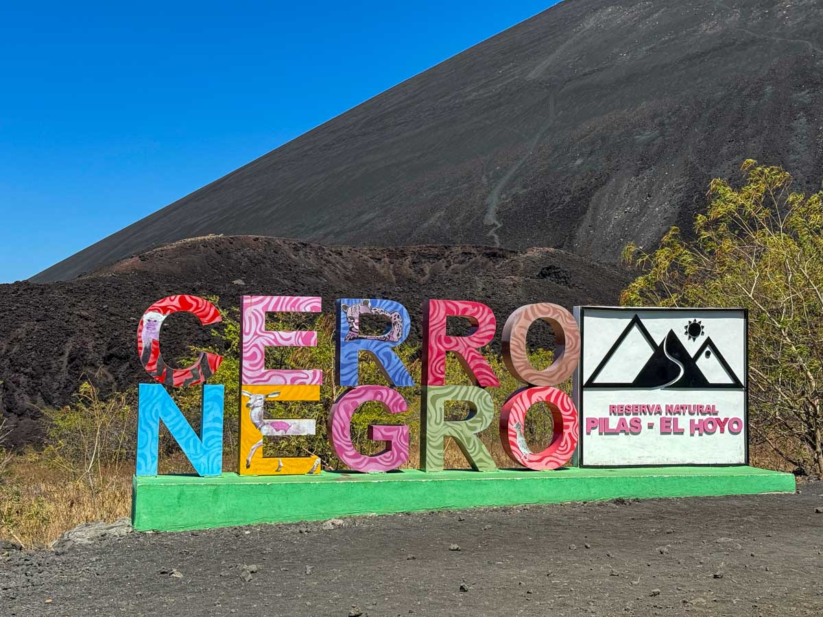 Cerro Negro volcano entrance sign near León, Nicaragua