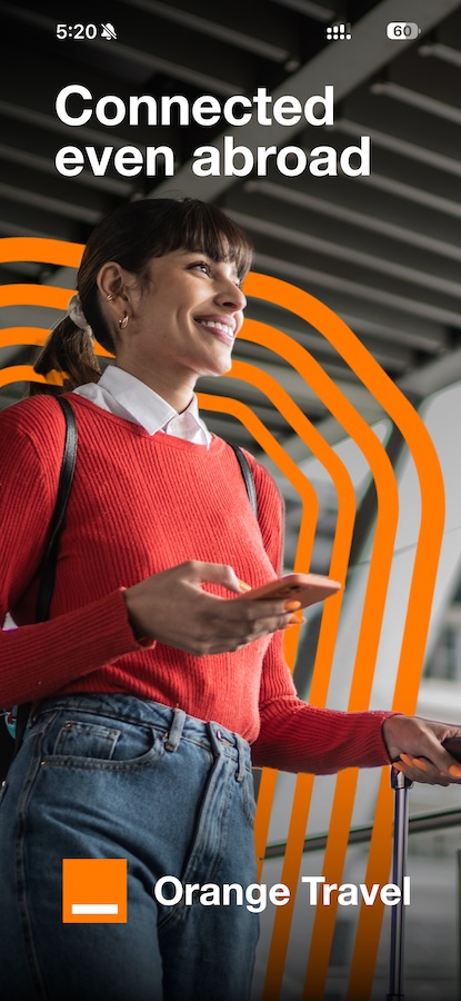 Orange eSIM app opening screen with woman holding phone.
