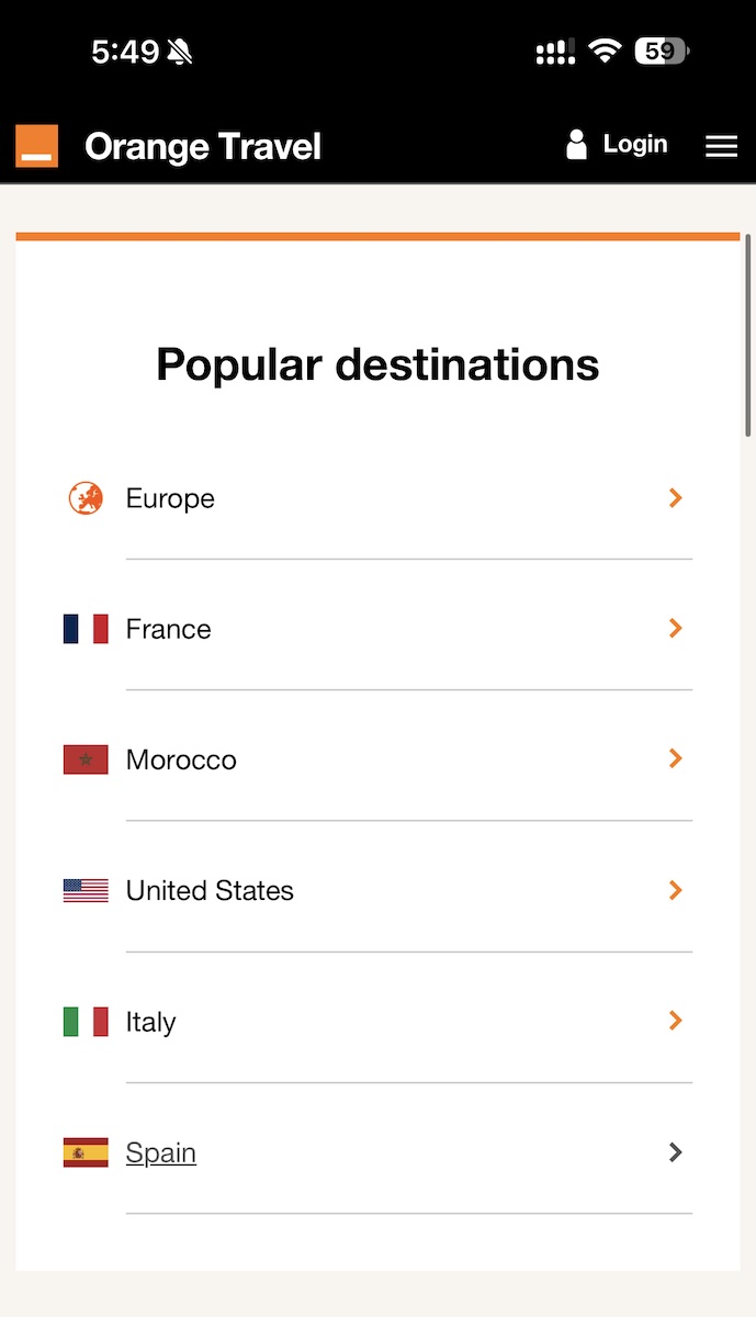 Popular destinations on Orange eSIM.