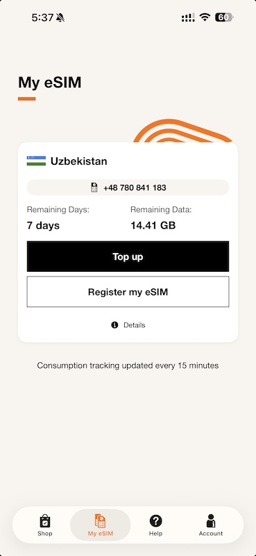 Orange eSIM app with GB usage displayed.