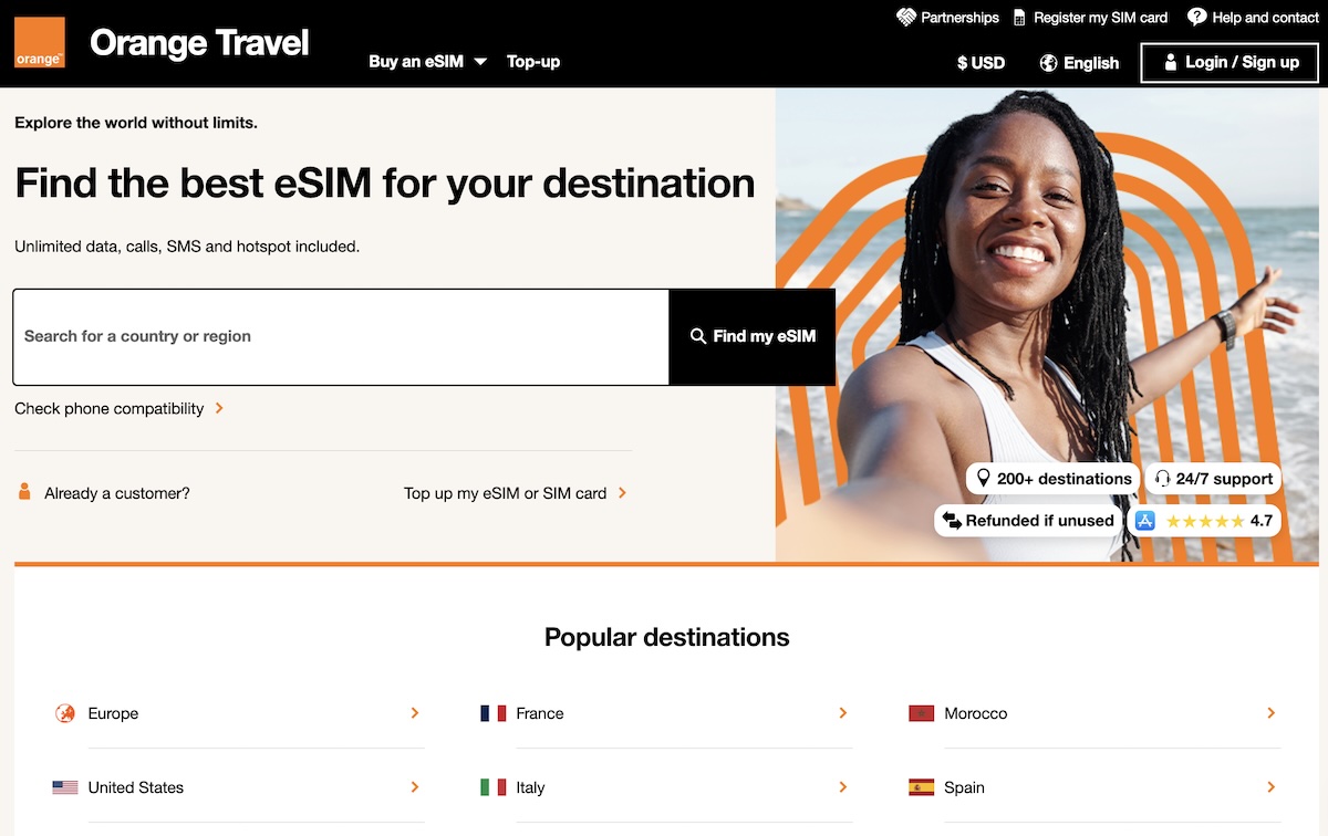 Orange travel eSIM homepage.