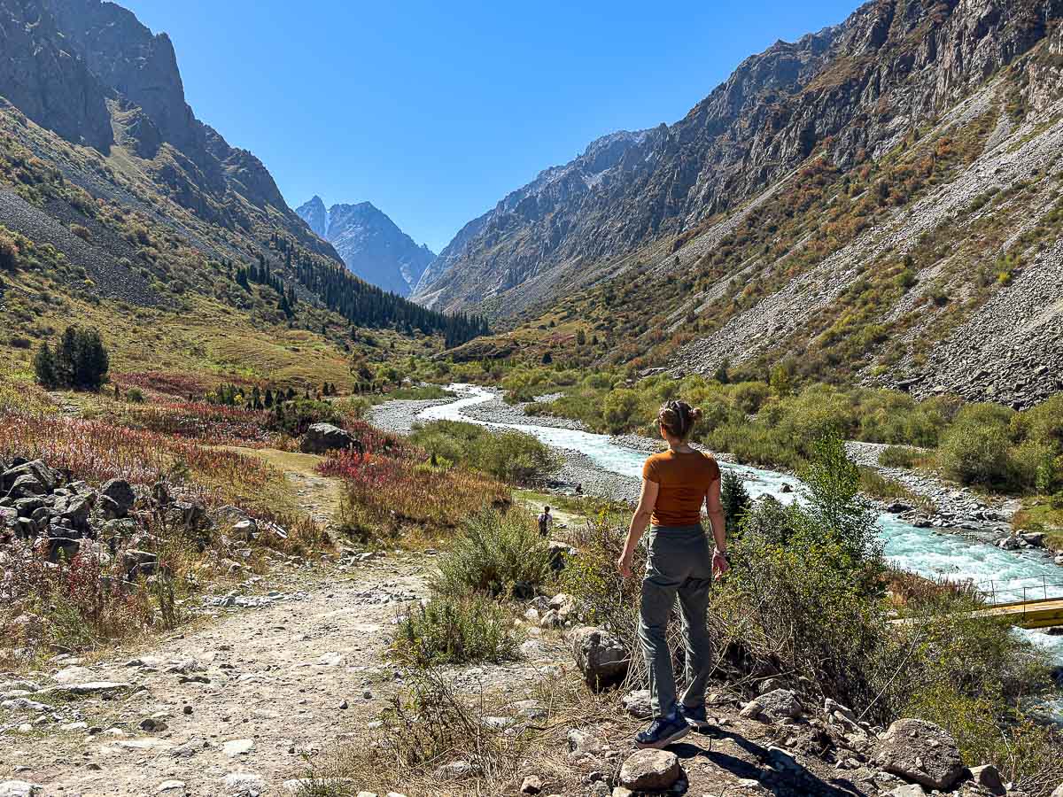 Nina hiking in the valley at Ala Archa National Park near Bishkek, Kyrgyzstan