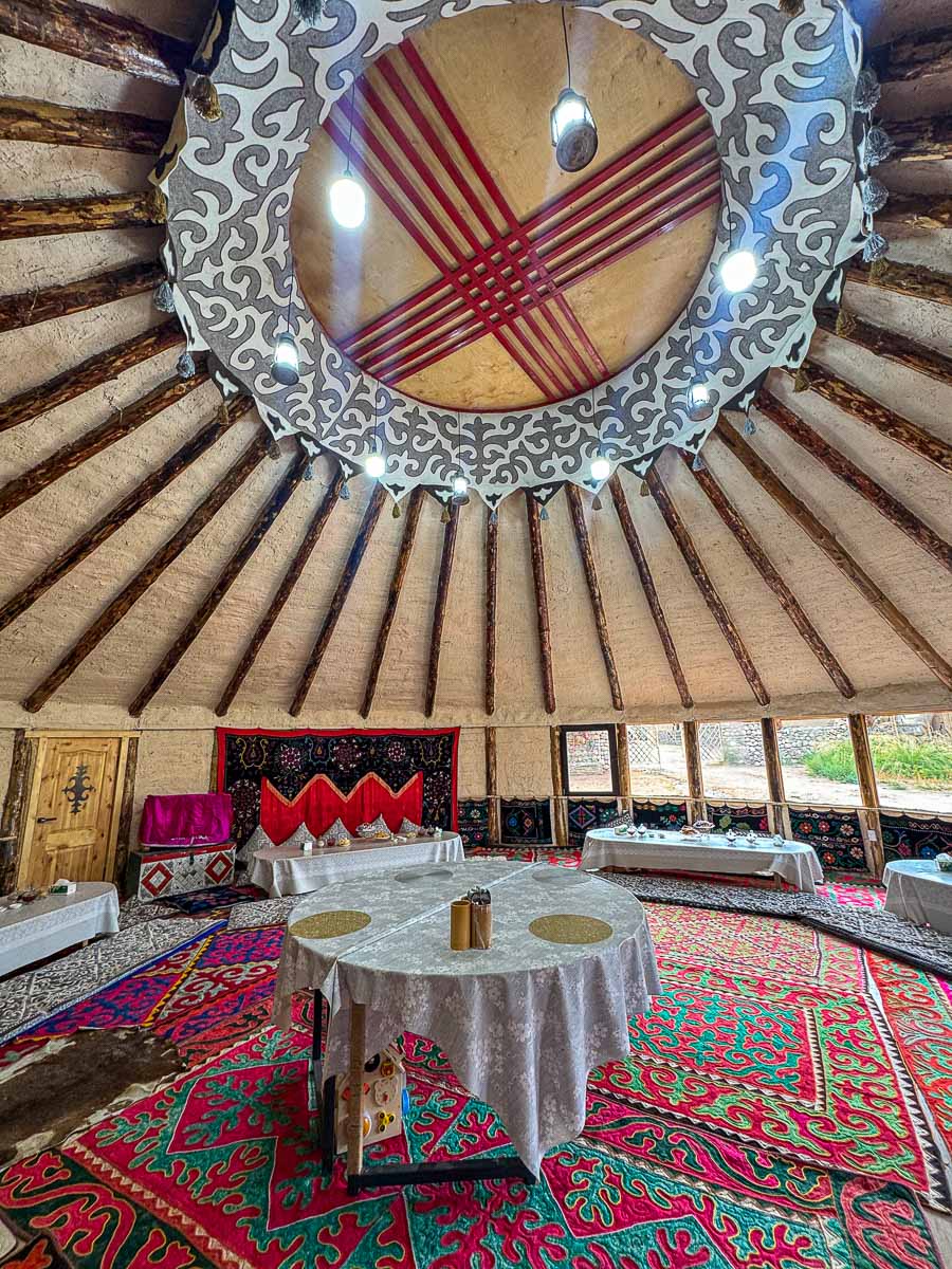 Inside the dining yurt at Beltam Yurt Camp on Issyk-Kul, Kyrgyzstan