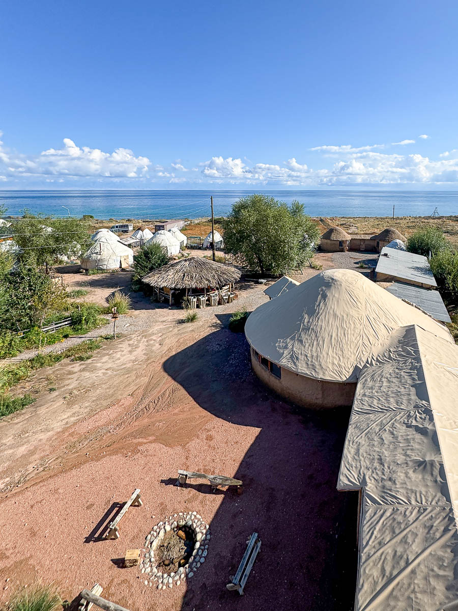 Yurts and mountain views at Beltam Yurt Camp on Issyk-Kul Lake, Kyrgyzstan