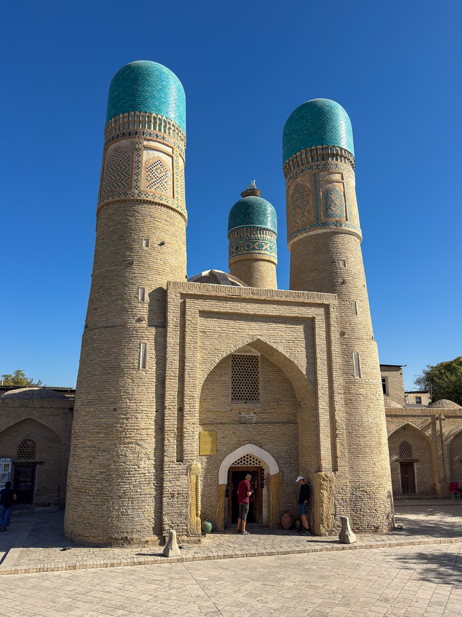 The four blue-domed towers of Chor Minor in Bukhara, Uzbekistan