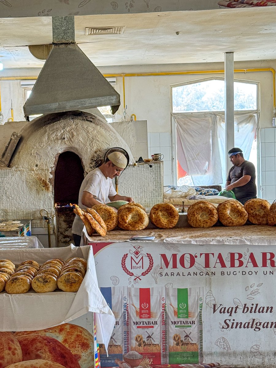 Baker pulling fresh round bread from a clay oven at Chorsu Bazaar in Tashkent, Uzbekistan