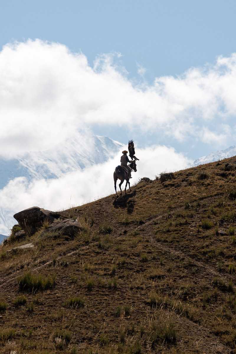 Eagle hunter on a mountain with his golden eagle in Kyrgyzstan