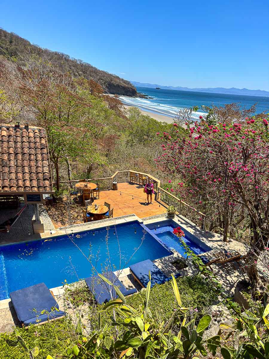Hotel pool overlooking Playa Escameca from above, Nicaragua