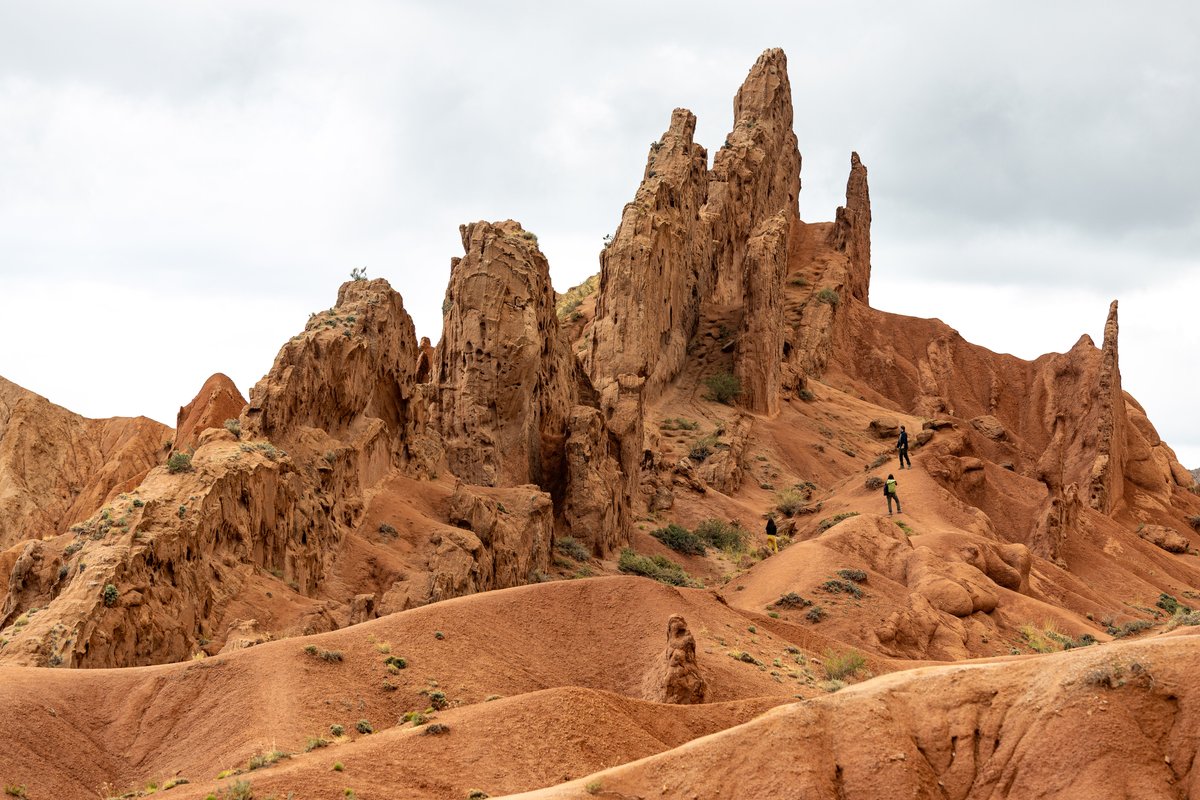 Red and orange rock spires at Fairytale (Skazka) Canyon, Kyrgyzstan