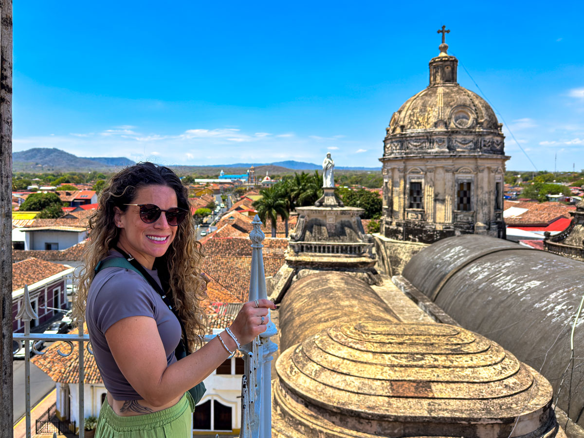 Nina at the top of the Iglesia La Merced bell tower in Granada, Nicaragua