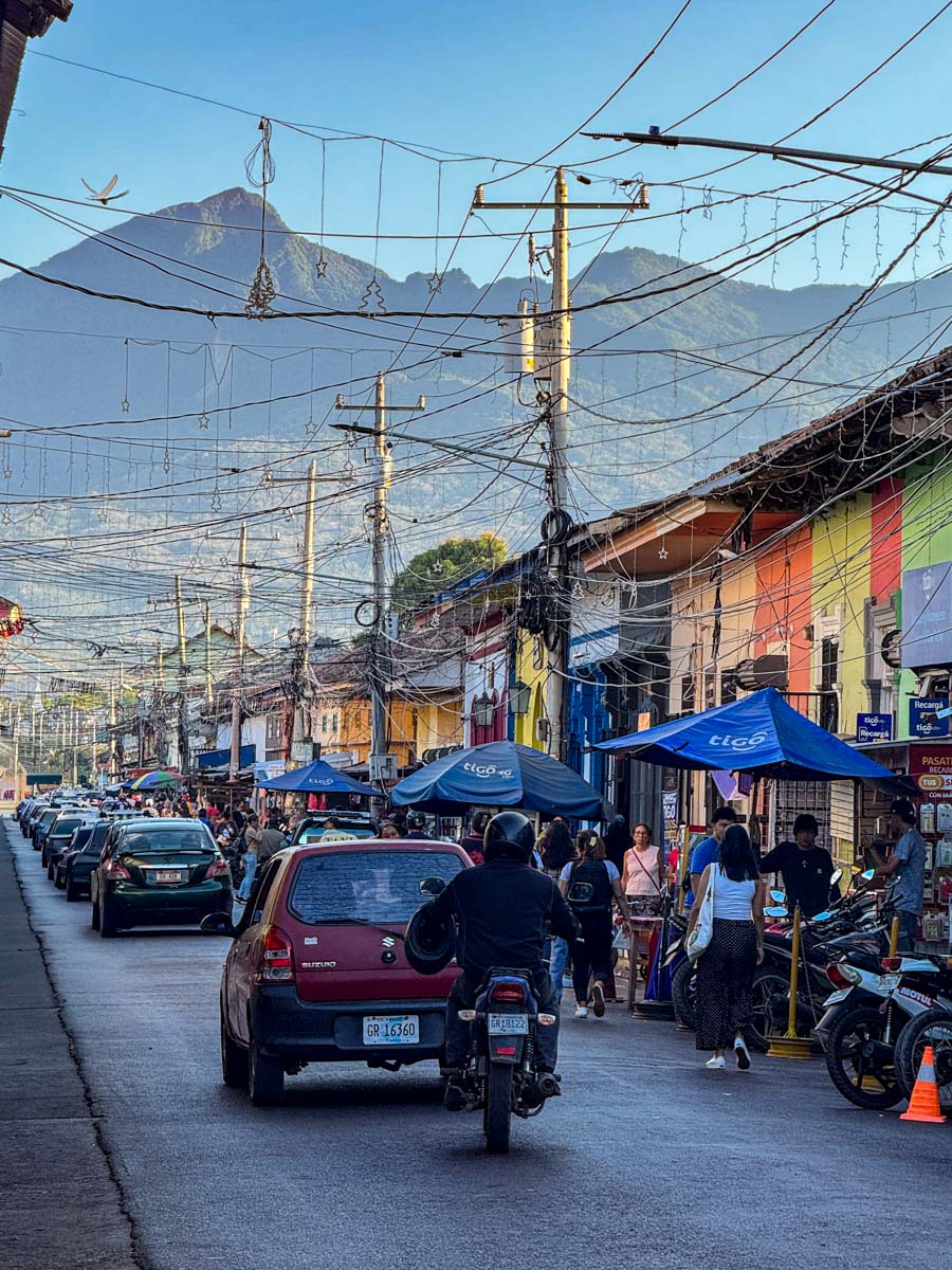 Granada street with Mombacho Volcano in the background