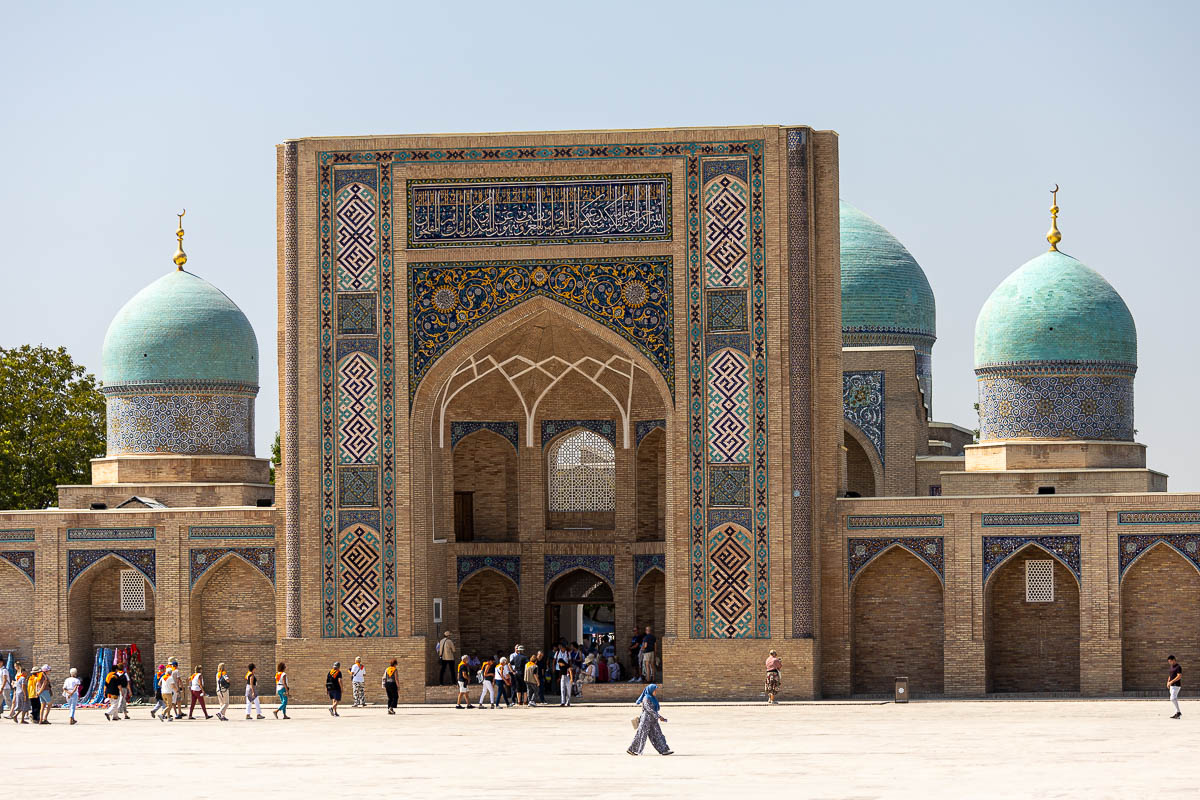 Wide view of the Hazrati Imam Complex domes and minarets in Tashkent, Uzbekistan