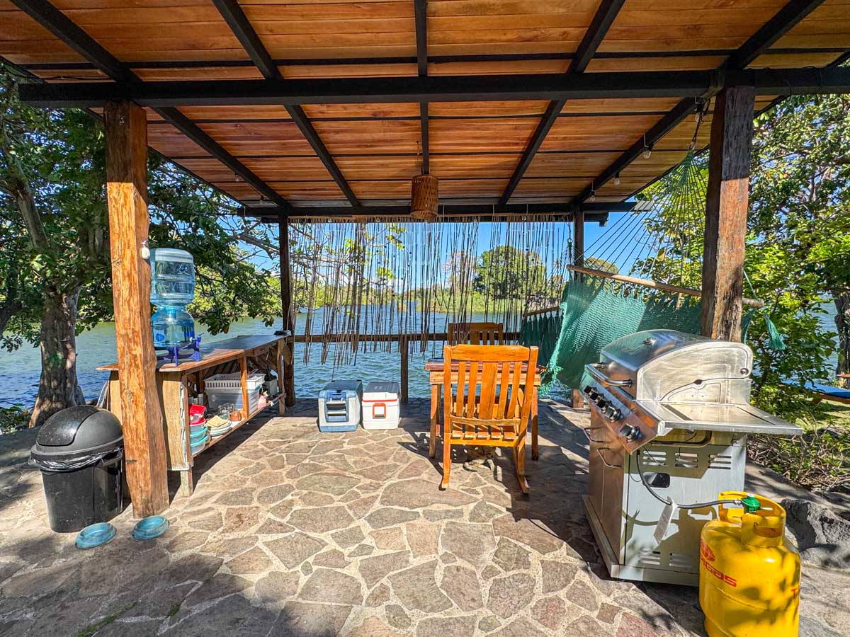 Outdoor kitchen area with grill on Isla Mirabel, Nicaragua