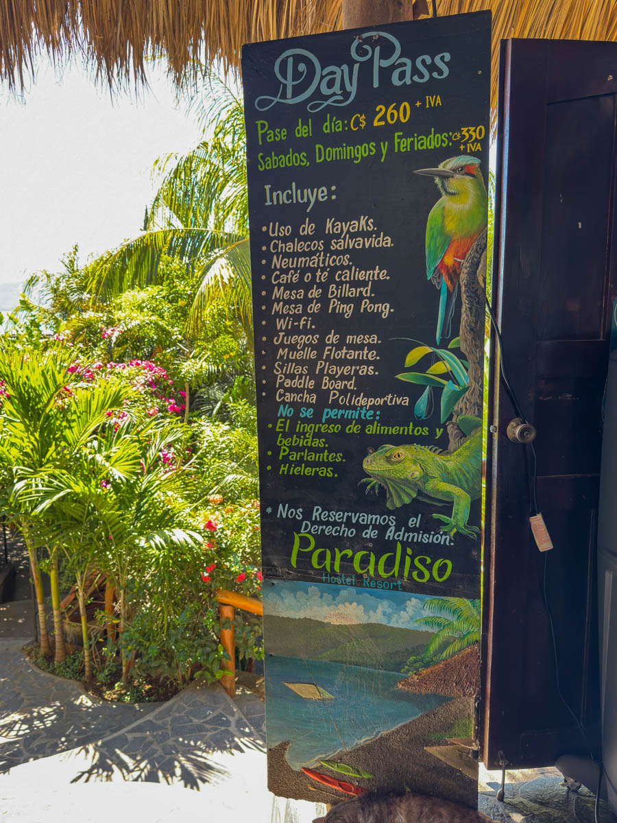 Paradiso day pass sign at Laguna de Apoyo, Nicaragua