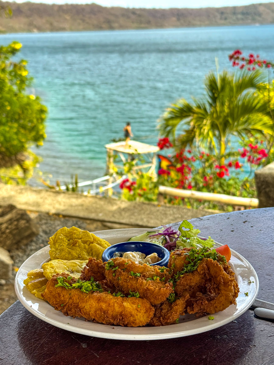 Fresh fish lunch with Laguna de Apoyo in the background