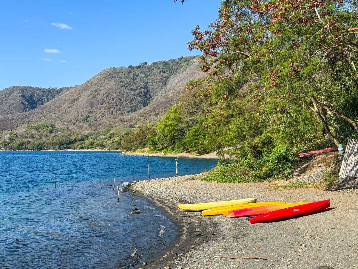 Kayak pulled up on the beach at Laguna de Apoyo