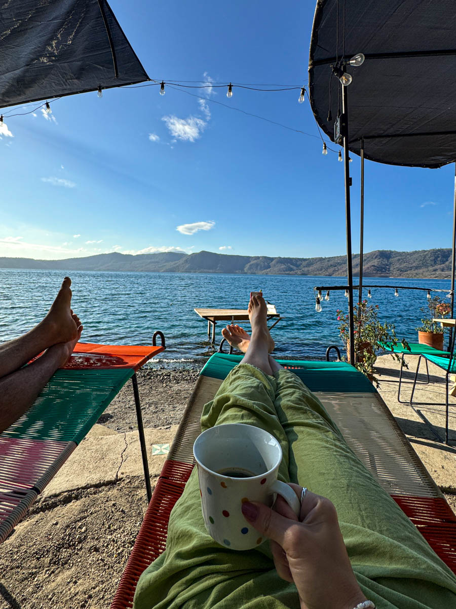 Nina with morning coffee by Laguna de Apoyo, Nicaragua