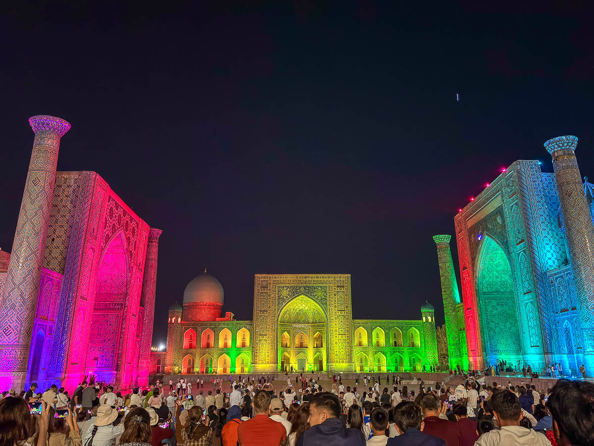 Free evening light show at Registan Square in Samarkand, Uzbekistan