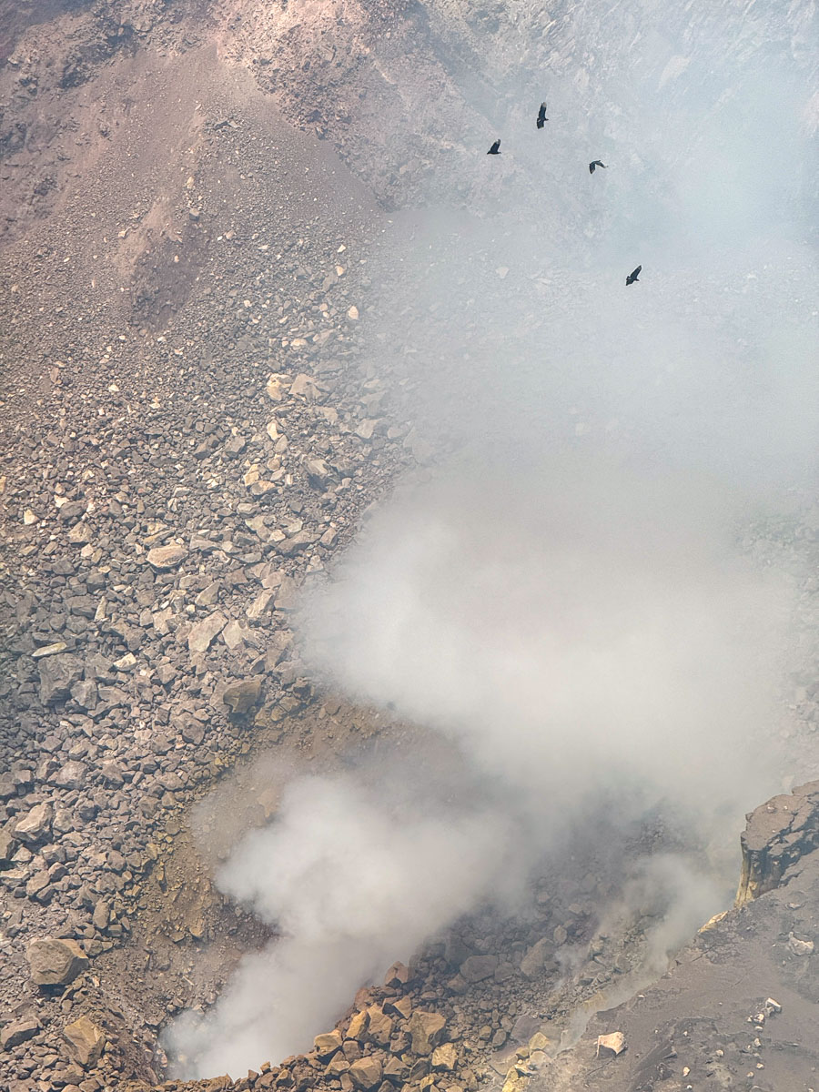 Birds flying over the smoking vent at Masaya Volcano