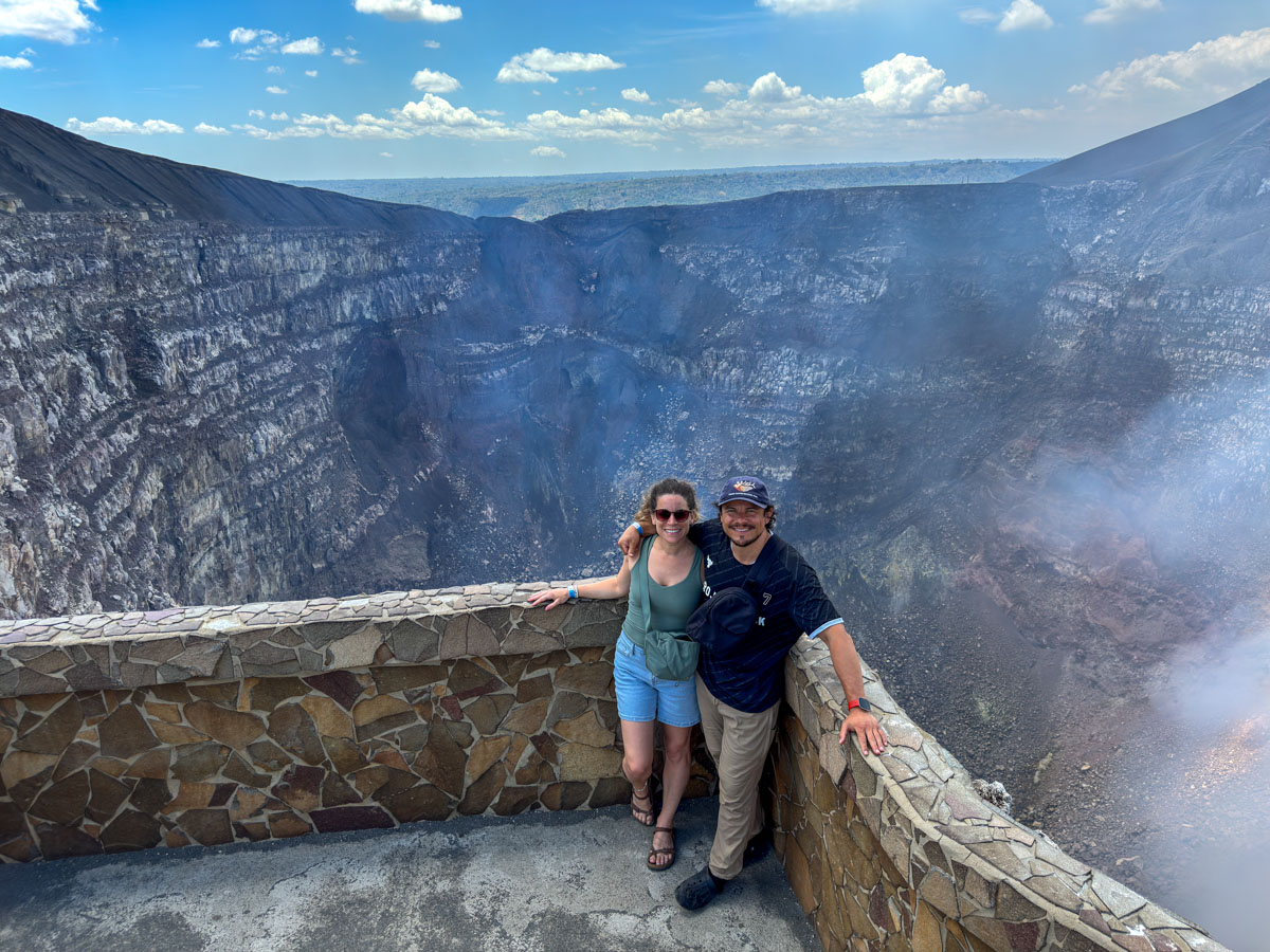Nina and Garrett at Masaya Volcano's Santiago Crater near Granada