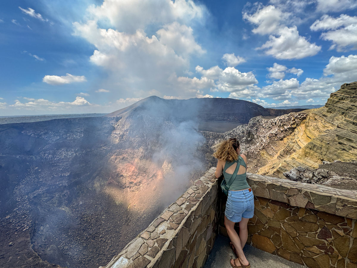 Nina looking over the viewpoint at Masaya Volcano National Park