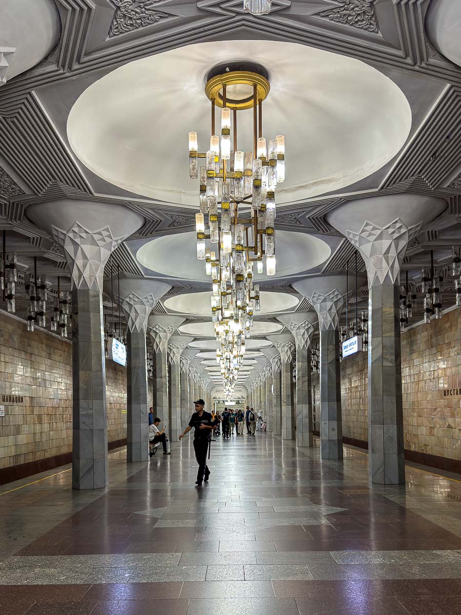 Ornate chandeliers and ceilings in a Tashkent Metro station, Uzbekistan