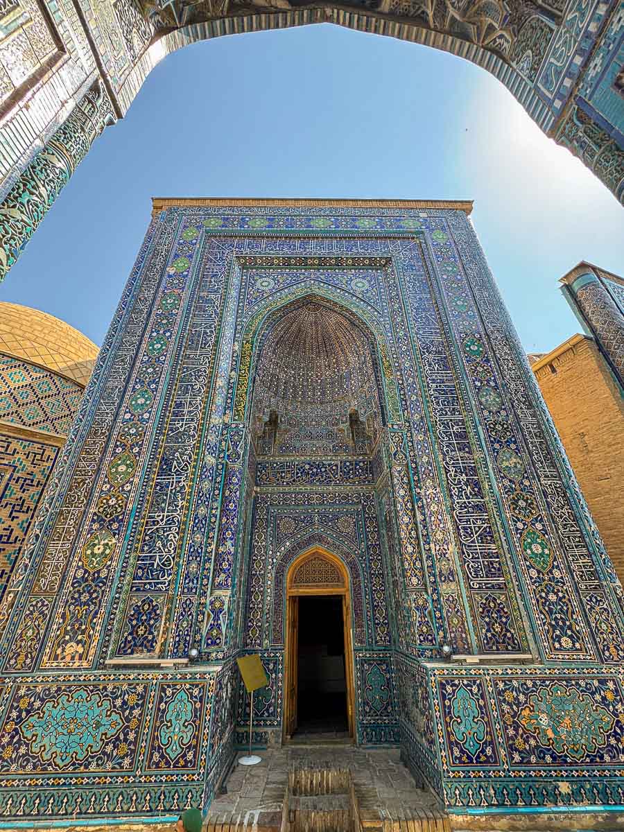 Blue tiled tombs at the Shah-i-Zinda necropolis in Samarkand, Uzbekistan