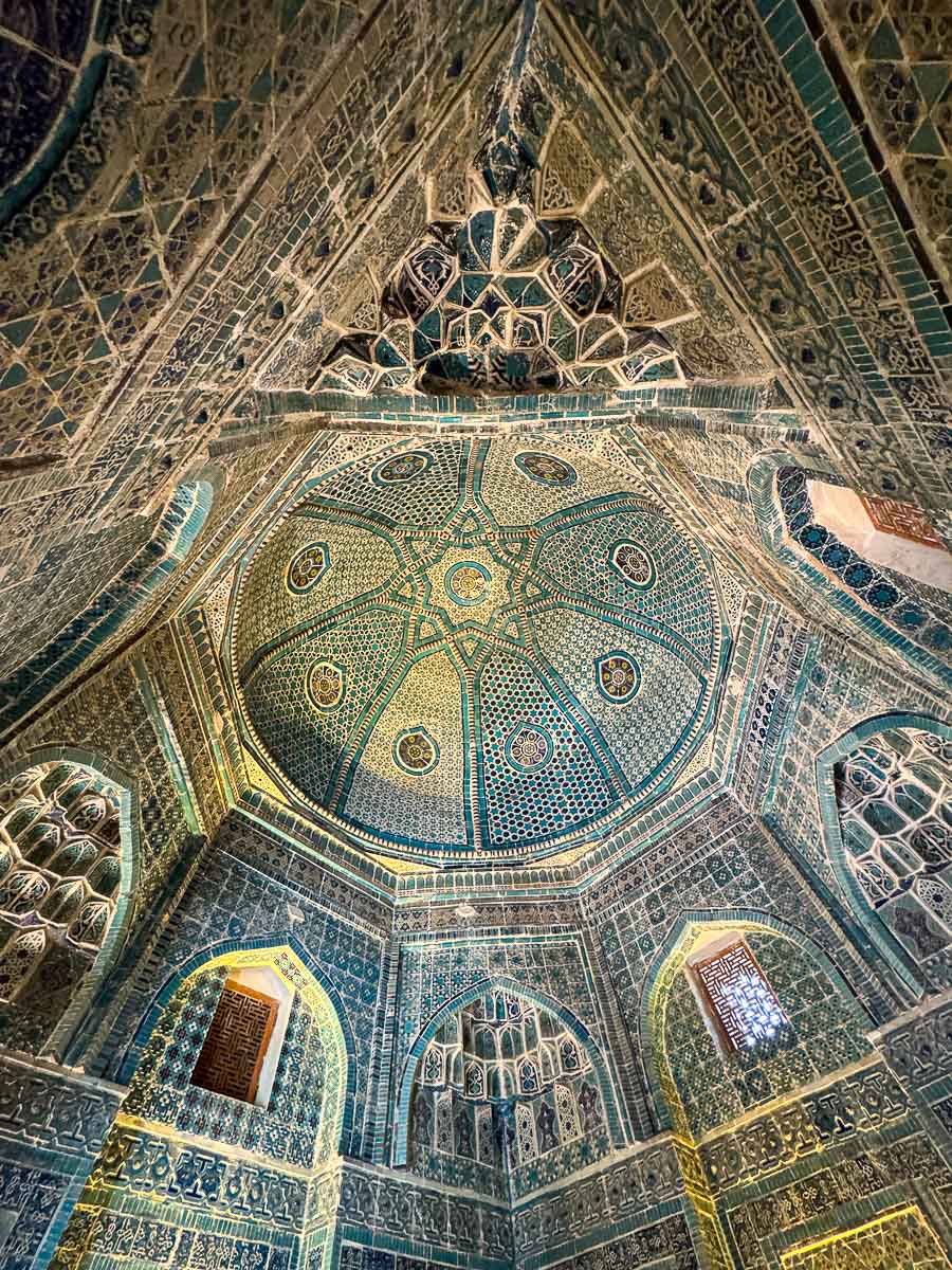 Tiled ceiling inside a tomb at Shah-i-Zinda in Samarkand, Uzbekistan