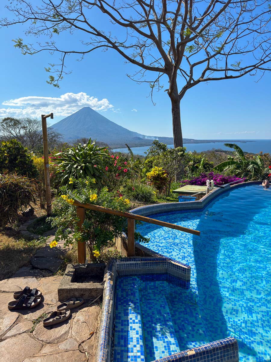 Pool and volcano view at Totoco Eco Resort, Ometepe