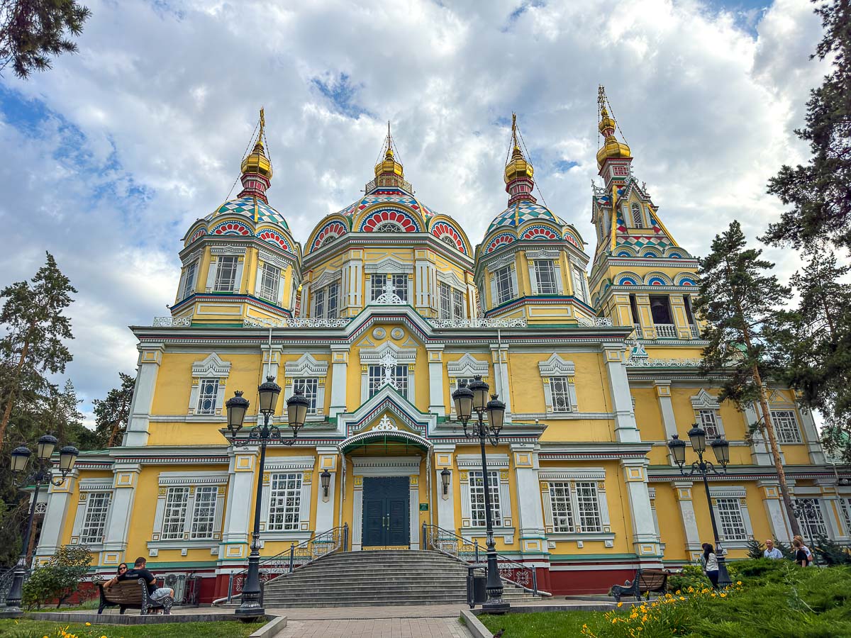 Colorful wooden Ascension Cathedral in Panfilov Park, Almaty, Kazakhstan