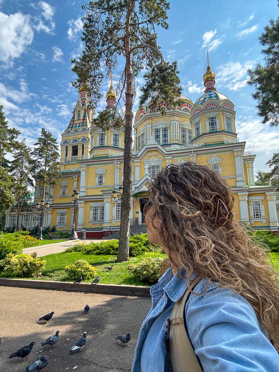 Nina in front of Ascension Cathedral in Panfilov Park, Almaty, Kazakhstan