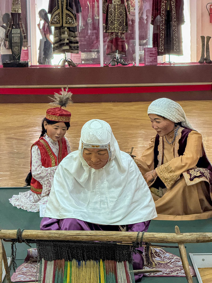 Traditional nomadic dress on display at the Central State Museum in Almaty, Kazakhstan