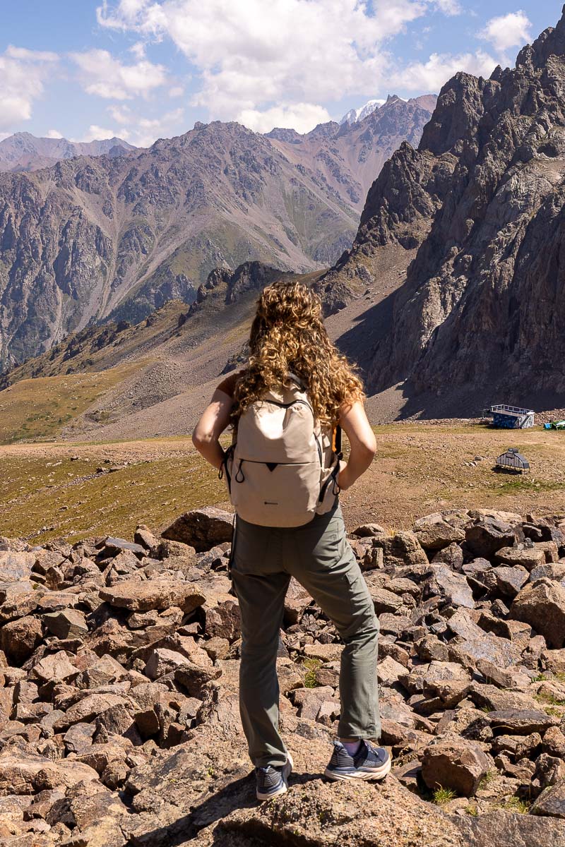 Nina hiking in the mountains at Shymbulak near Almaty, Kazakhstan