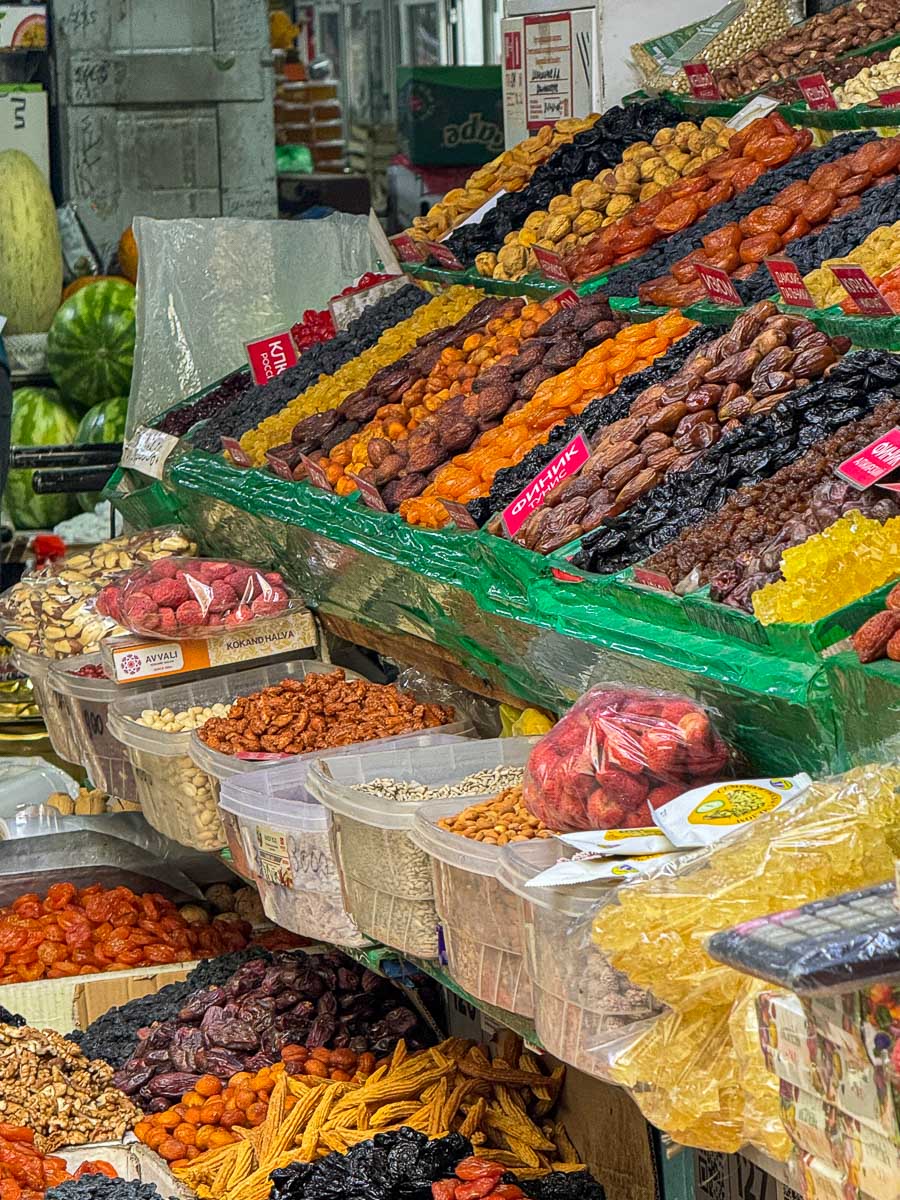Stalls inside the Green Bazaar market in Almaty, Kazakhstan